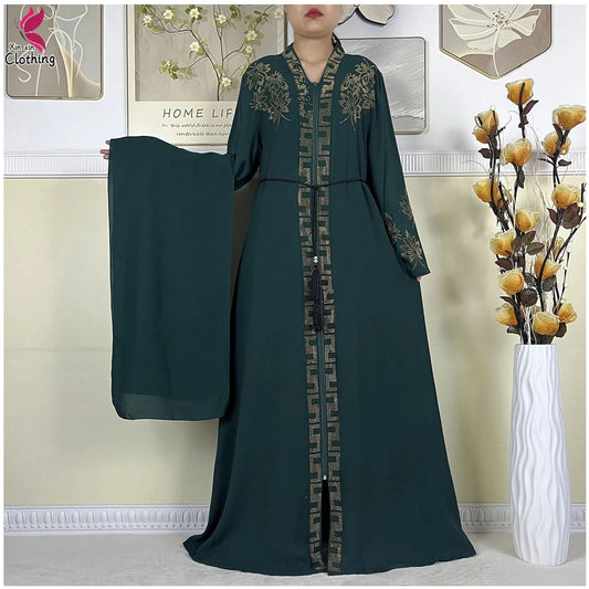 New Muslim Abayas For Women Long Sleeved Dress Dubai Lady Elegant Long Dress Islam Clothing African Abaya Loose Robe With Turban - M & M Global