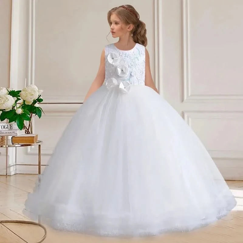 Girls' Sequin Pearl Princess Dress 5-14 Years Old Flower Decal Sleeveless Temperament Long Dress Halloween Banquet Fashion Dress - M & M Global