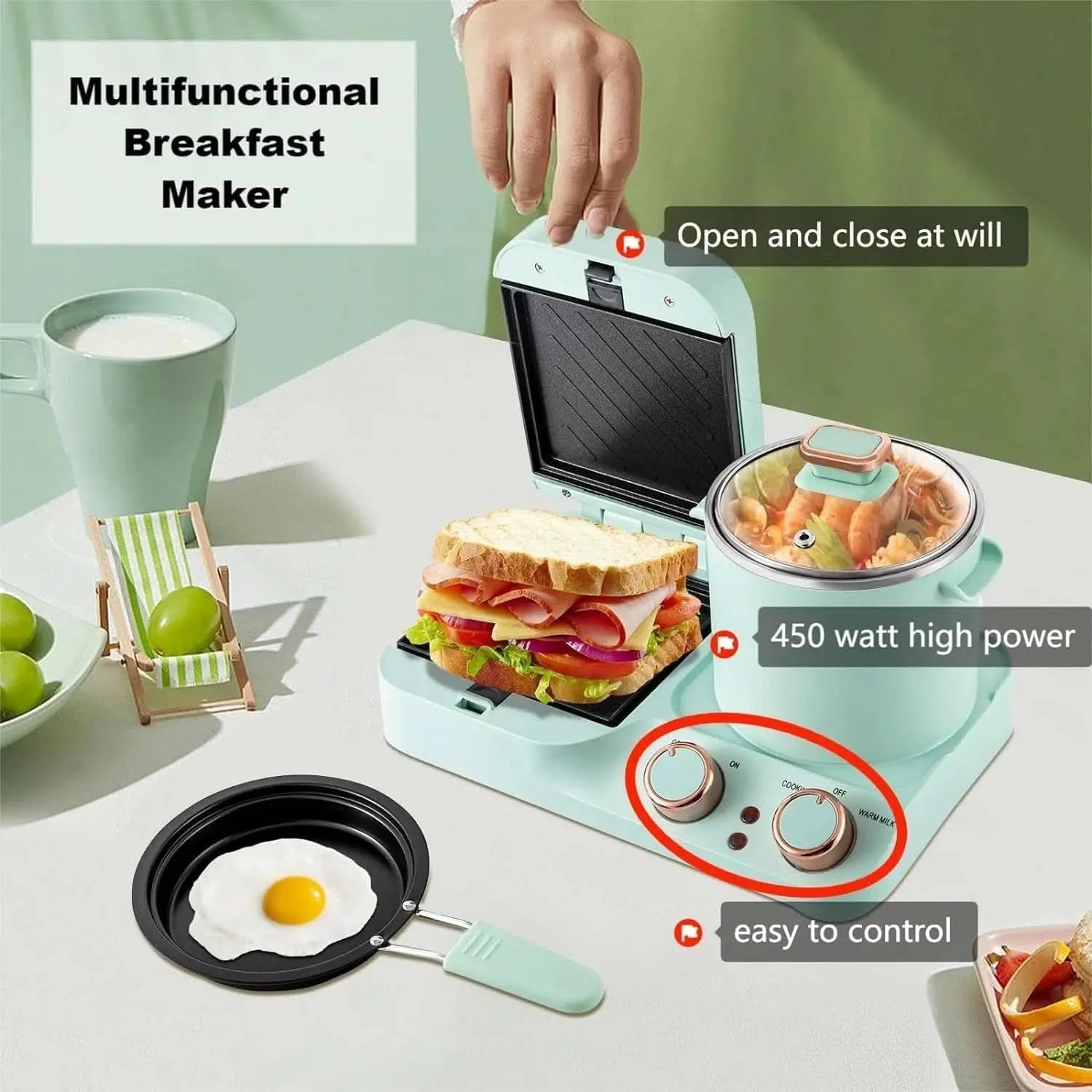 Breakfast Sandwich Maker w/Boiling Pot, 3 in 1 Breakfast Station, Retro Household Electric Mini Toaster Bread Sandwich Maker wit - M & M Global
