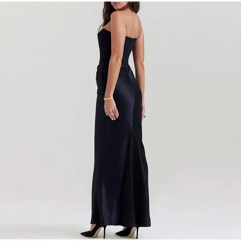 Sexy Strapless Patchwork Long Dress Women Slim Sleeveless Pleated Mermaid Dresses 2025 Spring Summer Lady Evening Solid Robe - M & M Global