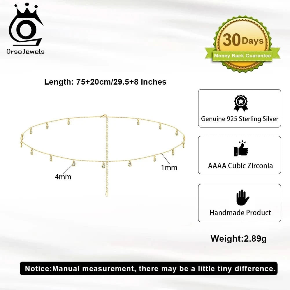 ORSA JEWELS 925 Sterling Silver Body Sexy Waist Chain Adjustable Sexy Bikini Body Belly CZ Chain for Women Summer Jewelry CW01 - M & M Global