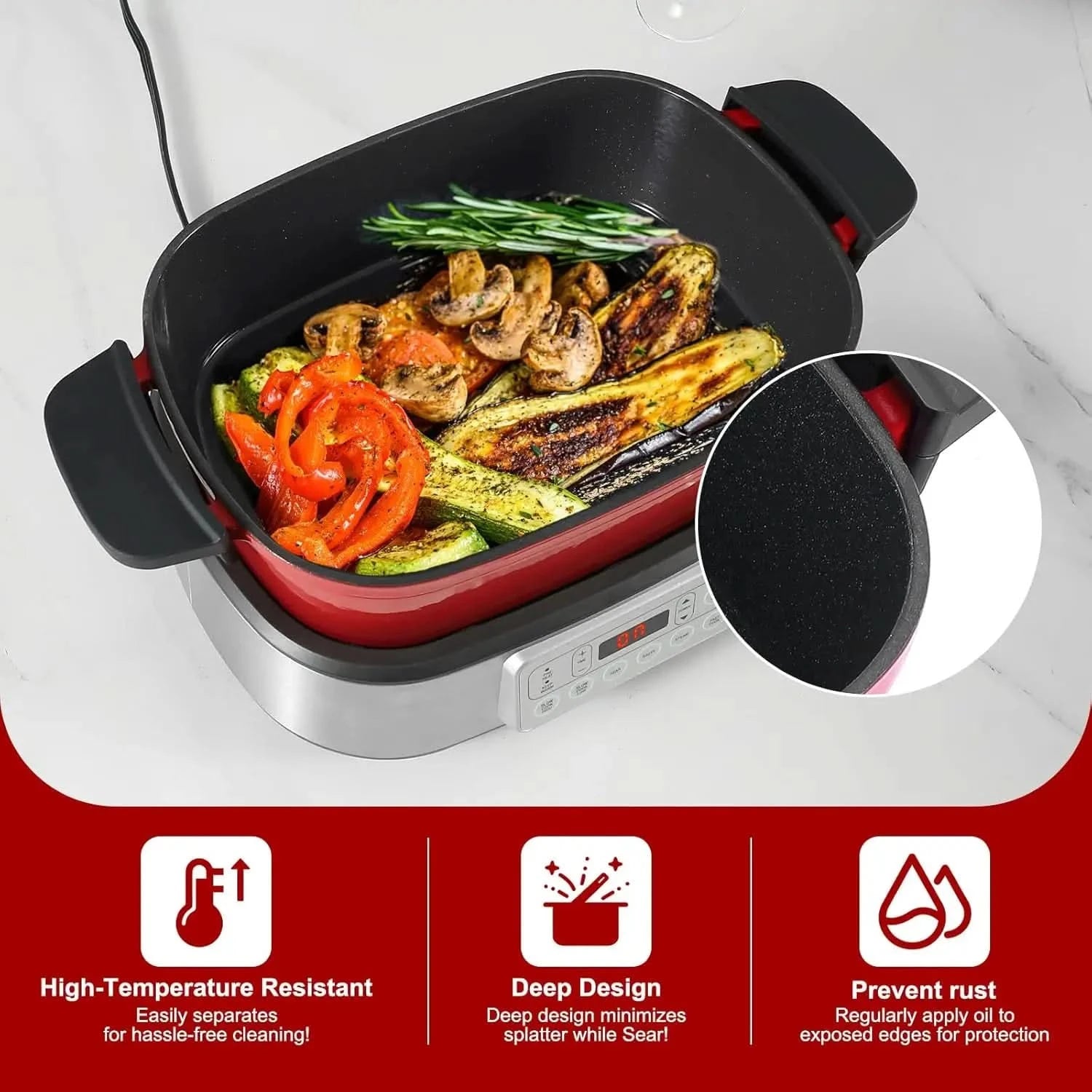 Electric Dutch Oven Multi-Cooker, 5.8QT Enameled Cast Iron Pot - 1250W Fast Heating, 6 Preset Functions, Digital Display & Keep - M & M Global