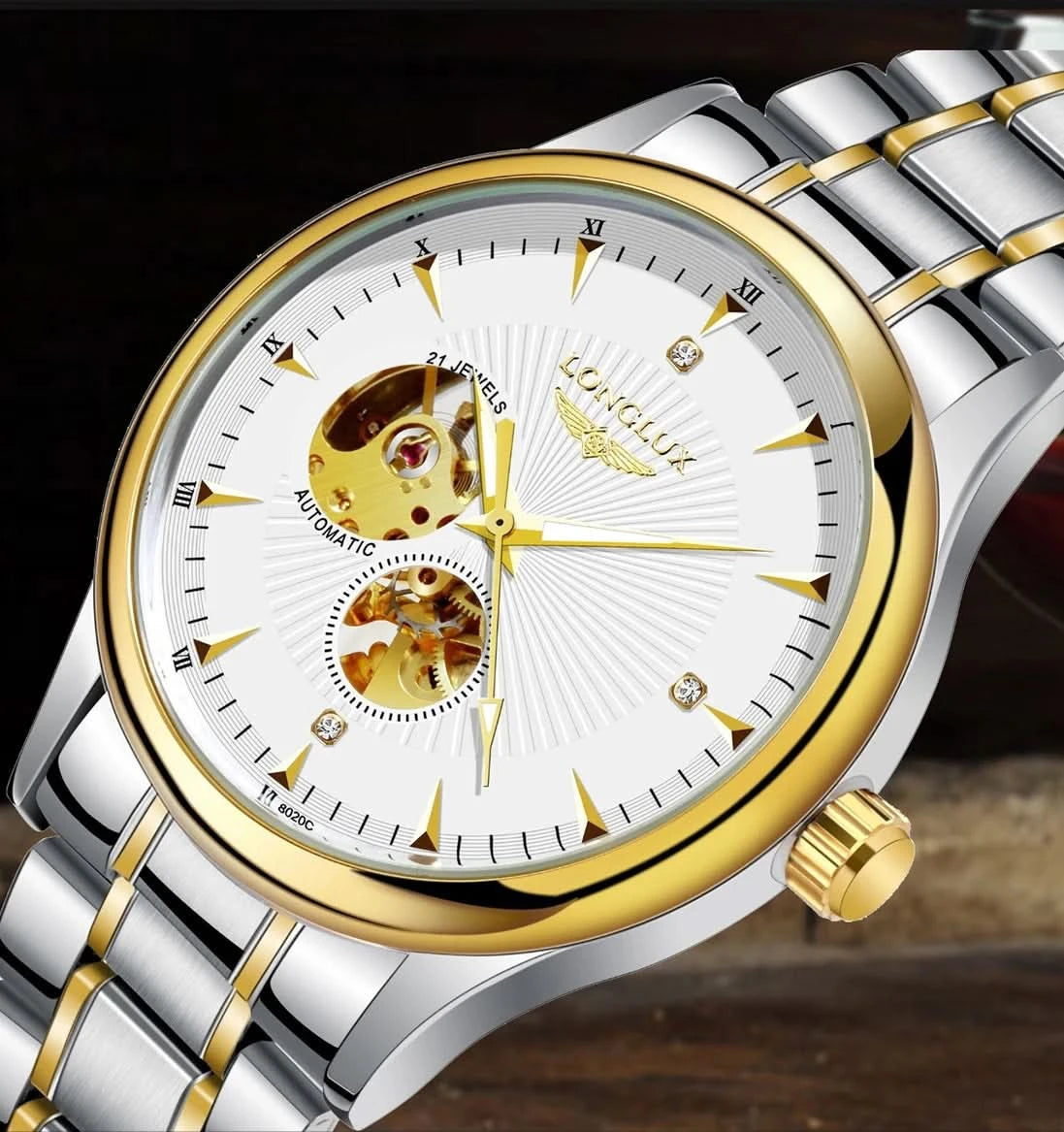 LONGLUX Men automatic mechanical watch elegant luxury watches waterproof skeleton business wholesale stainless steel gift watch - M & M Global