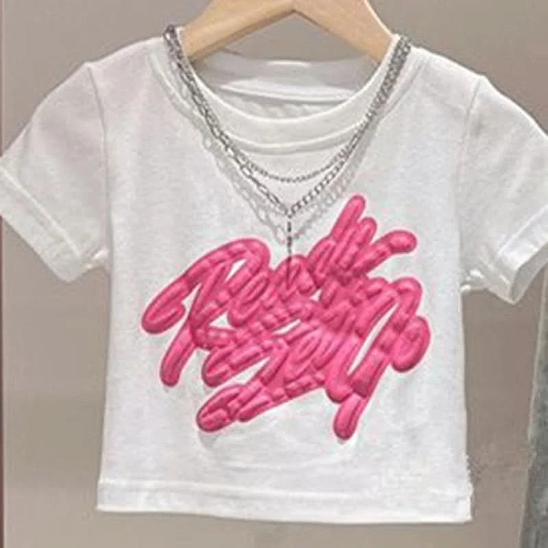 Girls Summer New Short-Sleeved T-Shirt Jeans Big Boy Colorful Denim Ripped Pants Suit Children's Top Foreign Wide-Legged Pants - M & M Global