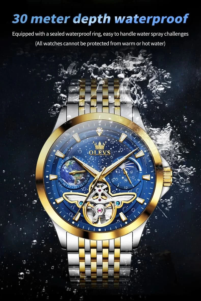 OLEVS Luxury Brand Men's Watches Luminous Waterproof Fully Automatic Mechanical Watch Starry Sky Dial Moon Phase Hollow Out - M & M Global
