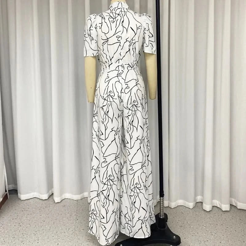 Wefads Women Jumpsuit Loose Fashion Elegant Long Pants Short Sleeve Halterneck Art Print Sets High Streetwear - M & M Global