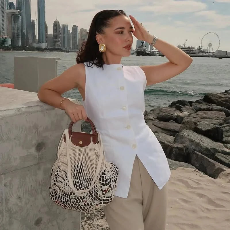 TRAF 2024 White Sleeveless Vest Women Button Summer Vests for Women Jackets Pink Vest Top Women Streetwear Women's Tailored Vest - M & M Global