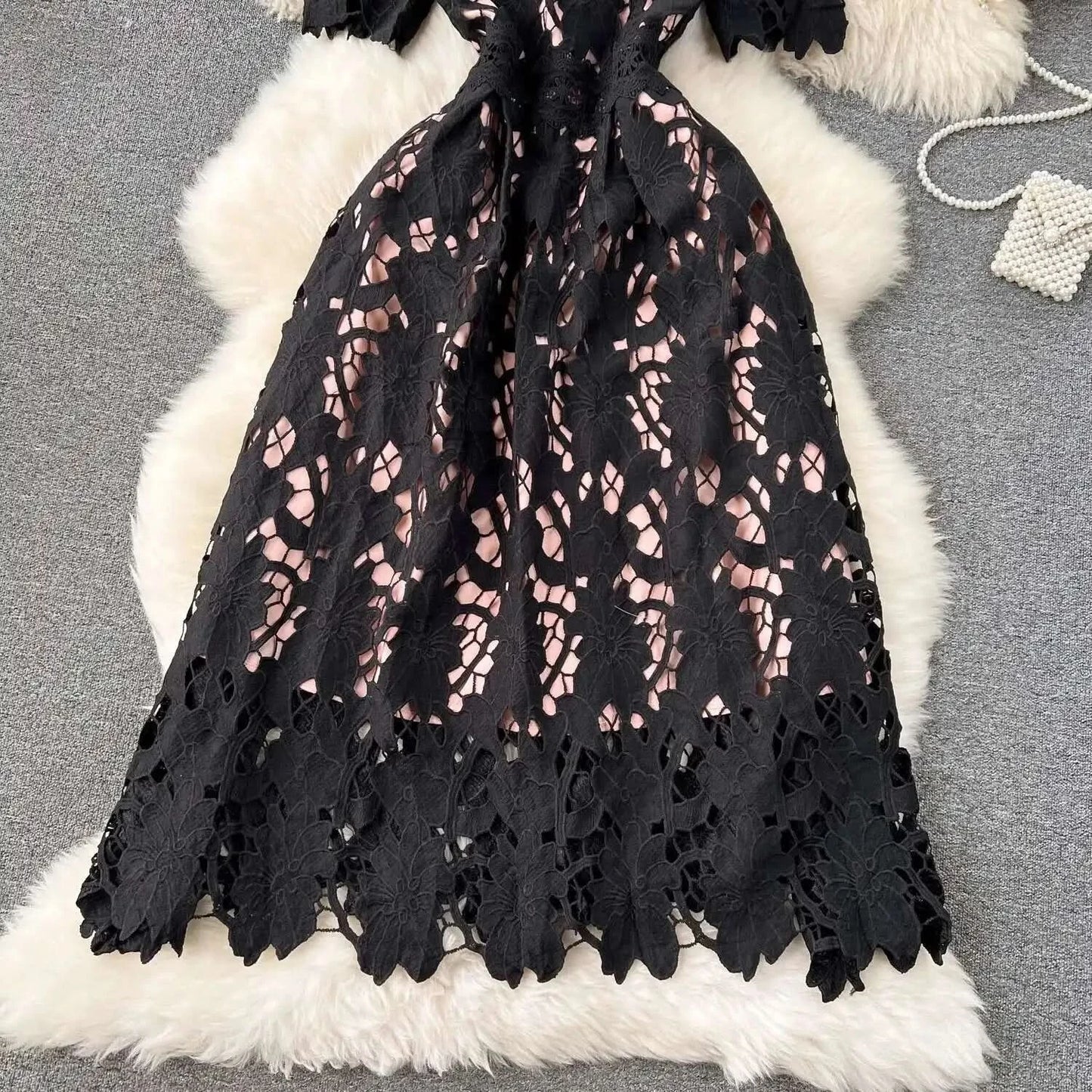 Elegant Flower Embroidery Lace Hollow Out Midi Dresses Women's 2025 Summer O Neck Short Sleeve Casual Long Dress Party Vestidos - M & M Global