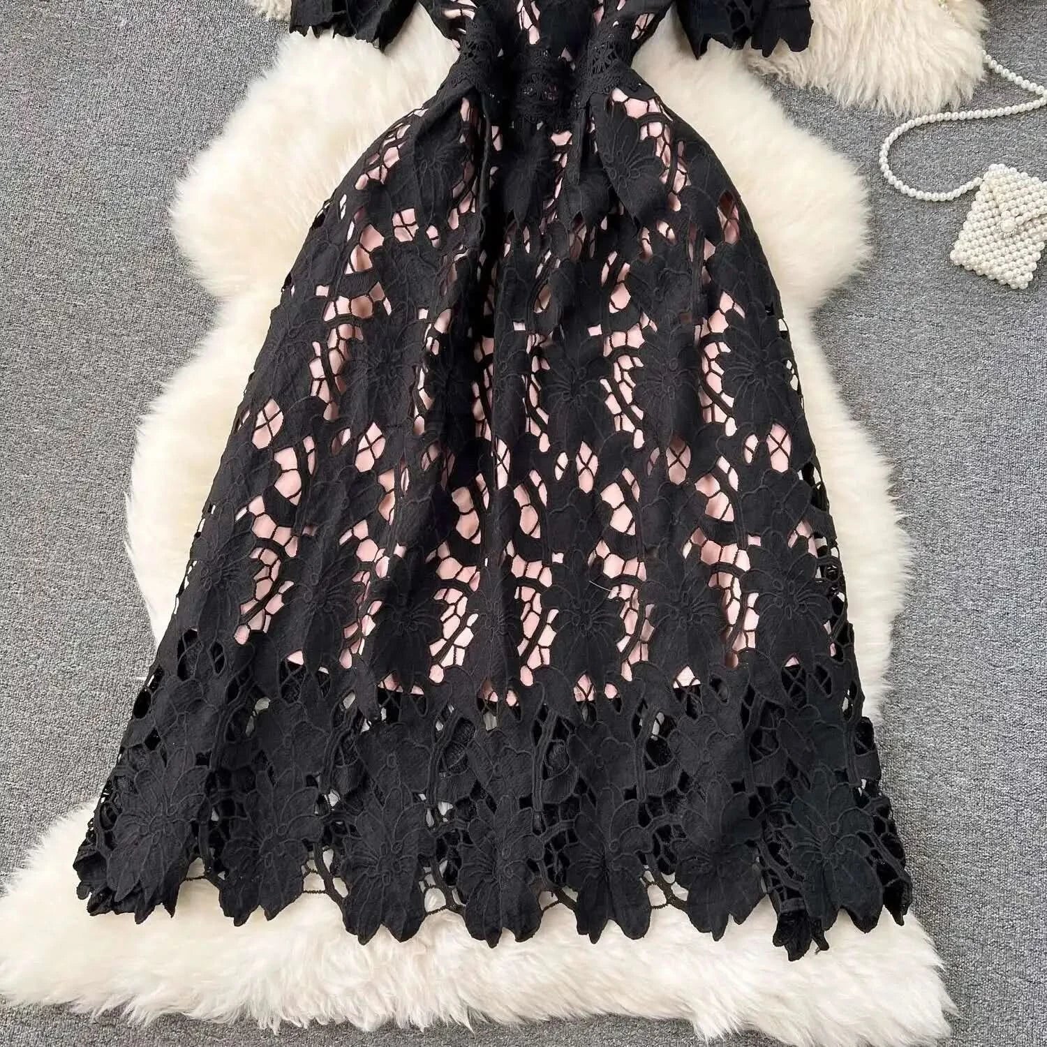 Elegant Flower Embroidery Lace Hollow Out Midi Dresses Women's 2025 Summer O Neck Short Sleeve Casual Long Dress Party Vestidos - M & M Global