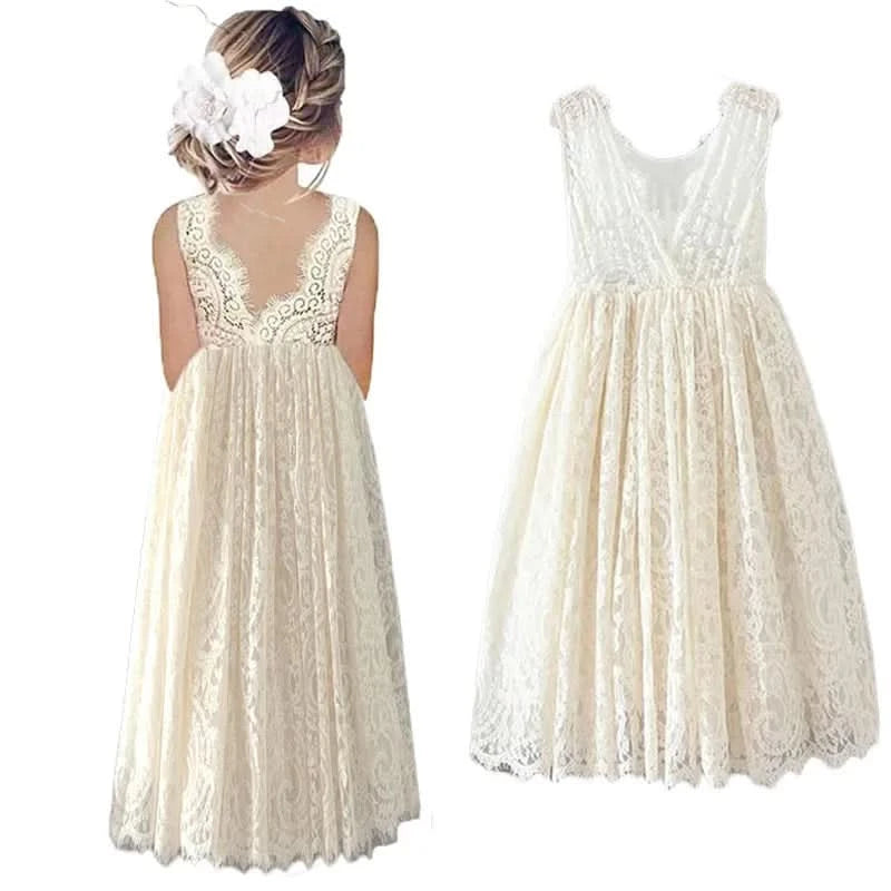 Plus Size Princess Girls Cotton Lace Party Long Dress Baby Kids Flower Girl Wedding Birthday Children Clothing 2 4  6 8 10 12 14 - M & M Global