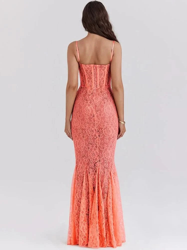 Mozision Floral Lace Sexy Maxi Dress For Women Orange Spaghetti Strap Sleeveless Backless Bodycon Club Party Long Dress Elegant - M & M Global