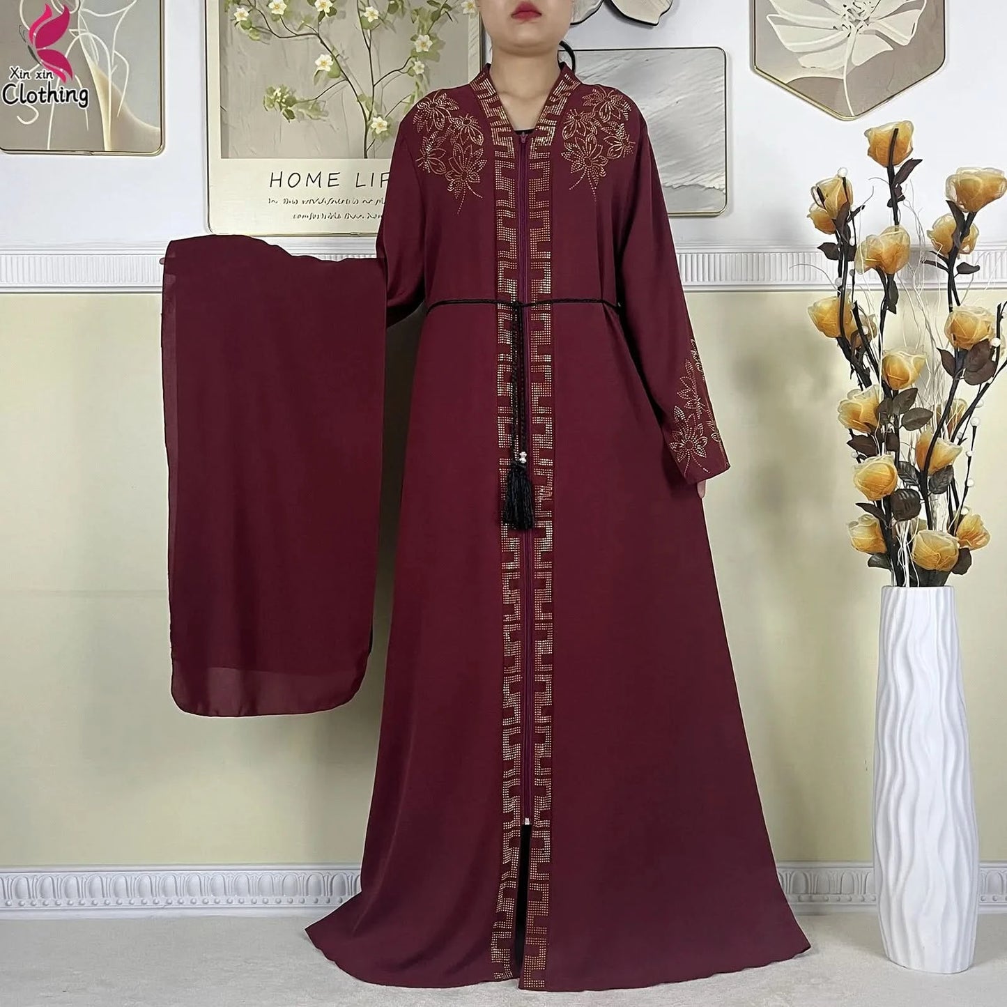 New Muslim Abayas For Women Long Sleeved Dress Dubai Lady Elegant Long Dress Islam Clothing African Abaya Loose Robe With Turban - M & M Global