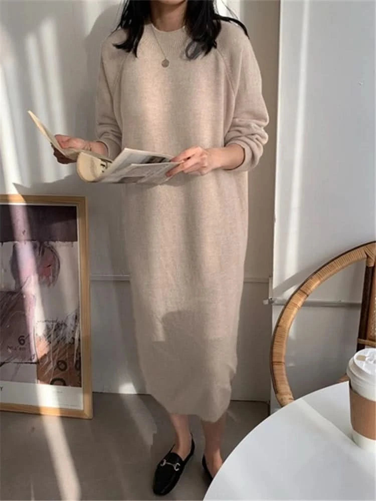 REALEFT Autumn Winter 2023 New O-Neck Casual Loose Knitted Dress Female Straight Long Sleeve Oversize Sweater Womens Long Dress - M & M Global