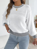 Autumn Winter Causal Round Neck Striped Sweaters Woman 2025 Lantern Long Sleeve Knitted Pullover White Red Khaki Women Clothes
