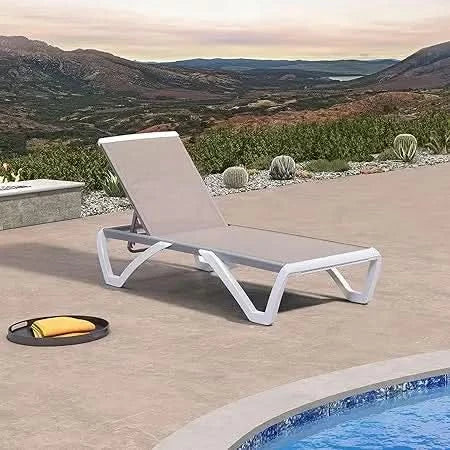 Patio Chaise Lounge Chair Set of 3 Outside Aluminum Plastic Stackable Tanning Chairs with Armrests and Side Table for Pool Sunb