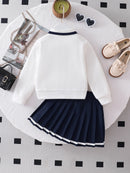 Girls’ 2-Piece Polo Sweatshirt & Navy Pleated Skirt Set