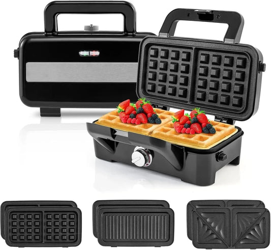 3 in 1 Waffle Maker, 1082W Electric Panini Press Grill w/Non-stick Plates, Indicator Lights, Cool Touch Handle, Sandwich Maker w - M & M Global