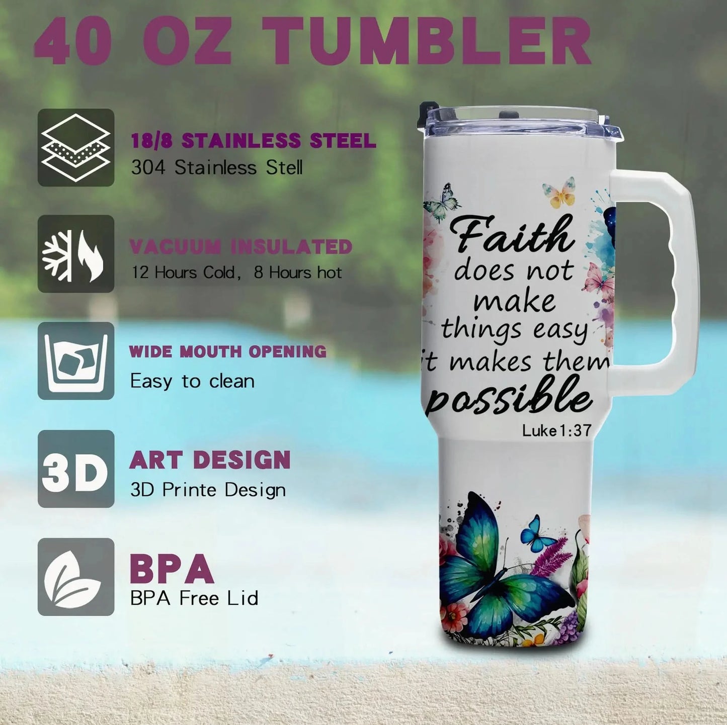 40oz Faith Quote Tumbler with Butterfly Art, Vacuum Insulated Stainless Steel with Handle and Wide Mouth, Gift for Christian Wom