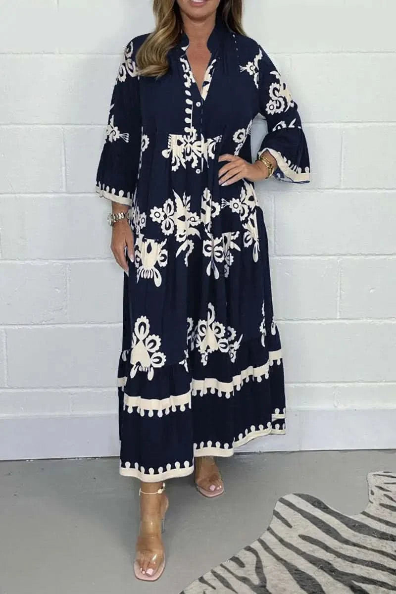 Women's Printed Loose Ethnic Retro Dress Spring Autumn V Neck Button A-Line Long Dress Summer 3/4 Sleeve Bohemian Maxi Dresses - M & M Global