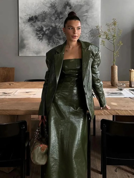 PU Leather Strapless Dresses Coat Women's Two Pieces Set Vintage Tube Sleeveless Slim Long Dress Lapel Jackets Street Outfits - M & M Global
