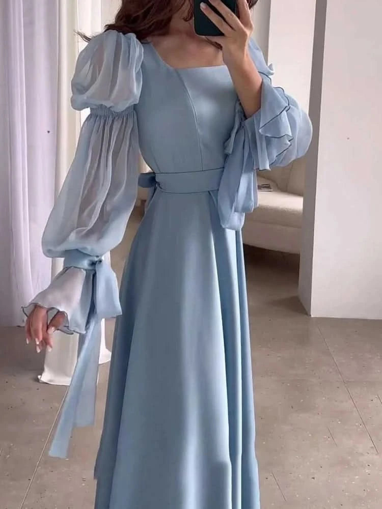 Eid Muslim Party Dress Women Sweet Puff Sleeve Long Dress Square Collar Vestidos Largo Ramadan Abayas Dubai Arab Long Robe 2024 - M & M Global