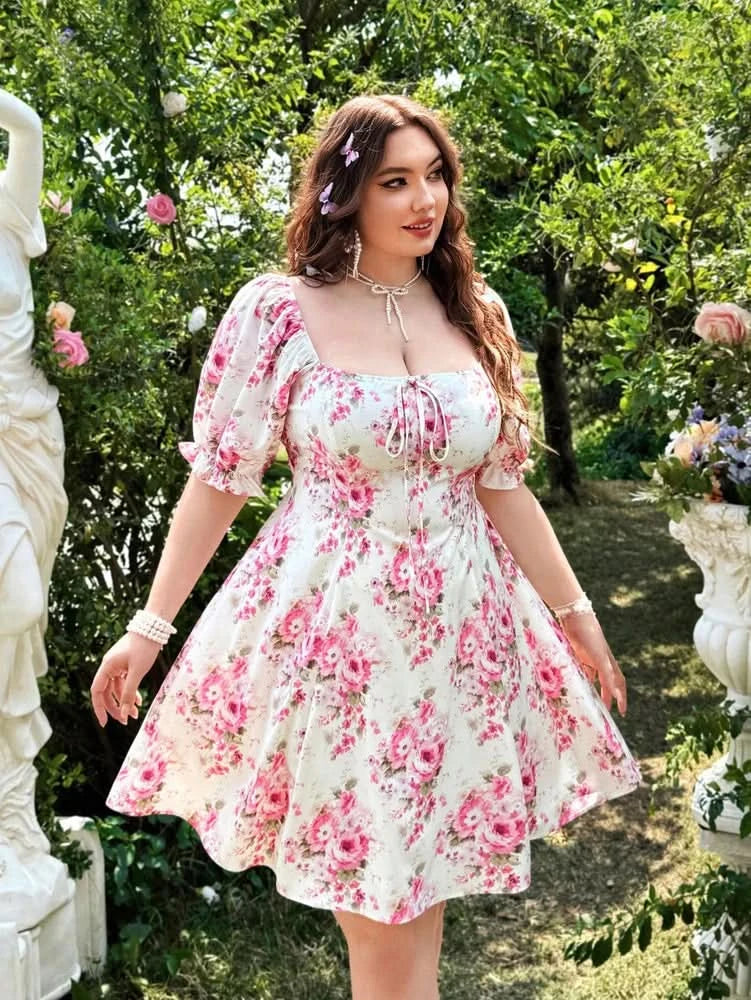plus Size Spring Summer Vacation Romantic Vintage Print Butterfly Knot Bubble Sleeve Dress - M & M Global