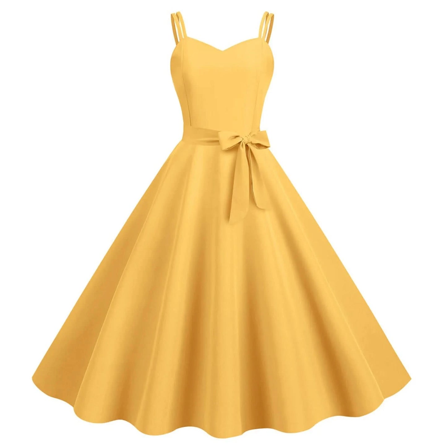 Women Casual Sleeveless Evening Party Prom Dress Strap A Line Large Swing Dress Solid Belted Waist Dresses For Wedding Guest - M & M Global