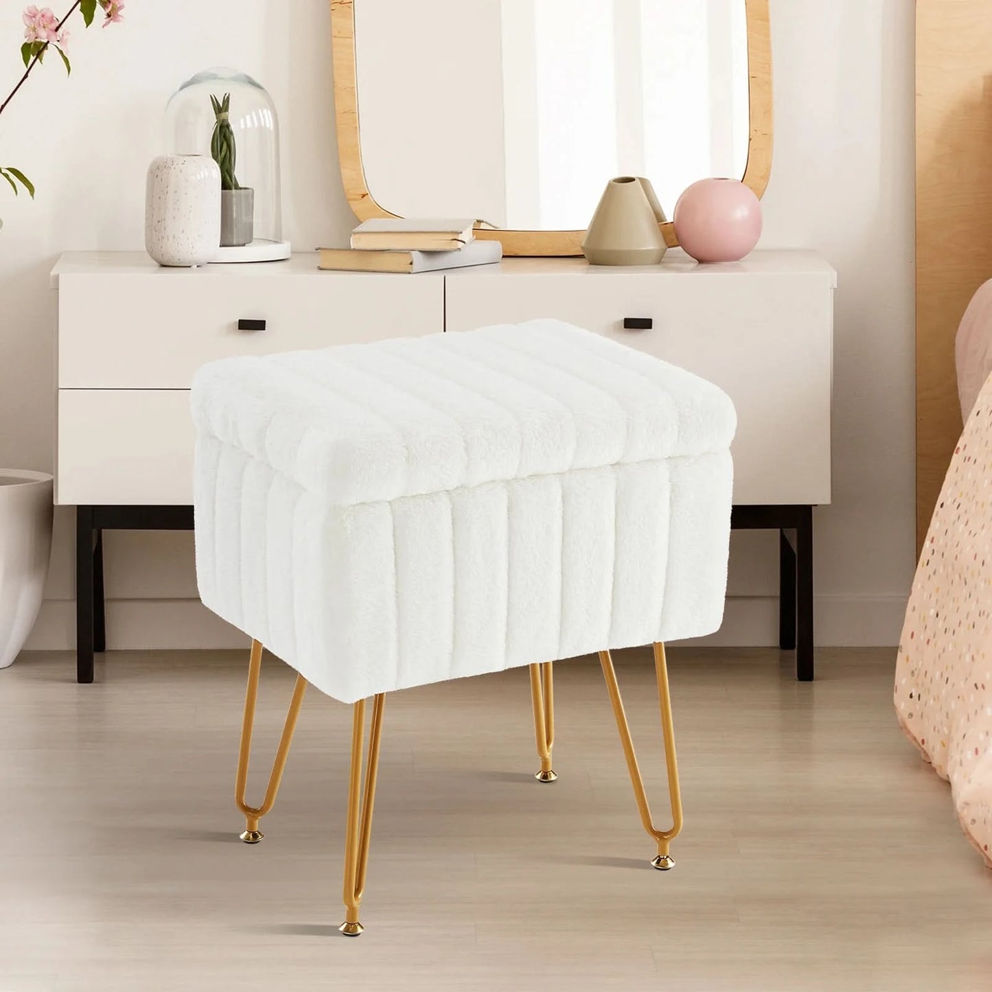 JHK Faux Fur Living Room Hidden Storage Stools & Ottomans Padded Makeup with 4 Metal Legs Anti-Slip Adjustable Feet for Home