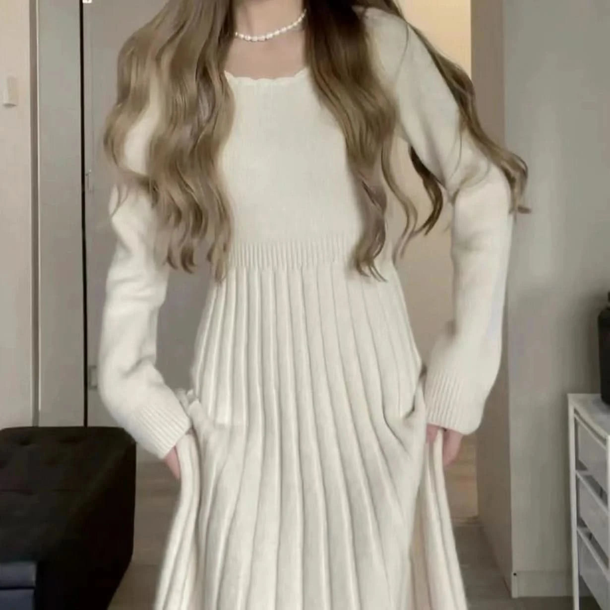 Sweater Long Dress For Woman Clothes Swing Casual Slim Femal Autumn Winter Long Sleeve Knitted Korean Clothing Elegance Sweet - M & M Global