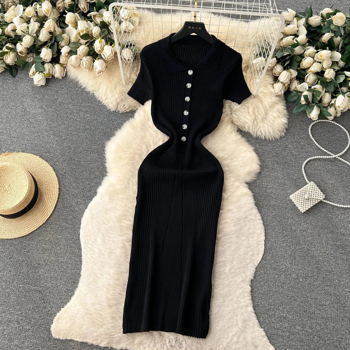 Summer Elastic Women Solid Knit Dress Summer Rose Red Retro Loose Sundress Sets 2024 bodycon Streetwear Sheer Beach Long Dress - M & M Global