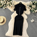 Summer Elastic Women Solid Knit Dress Summer Rose Red Retro Loose Sundress Sets 2024 bodycon Streetwear Sheer Beach Long Dress - M & M Global