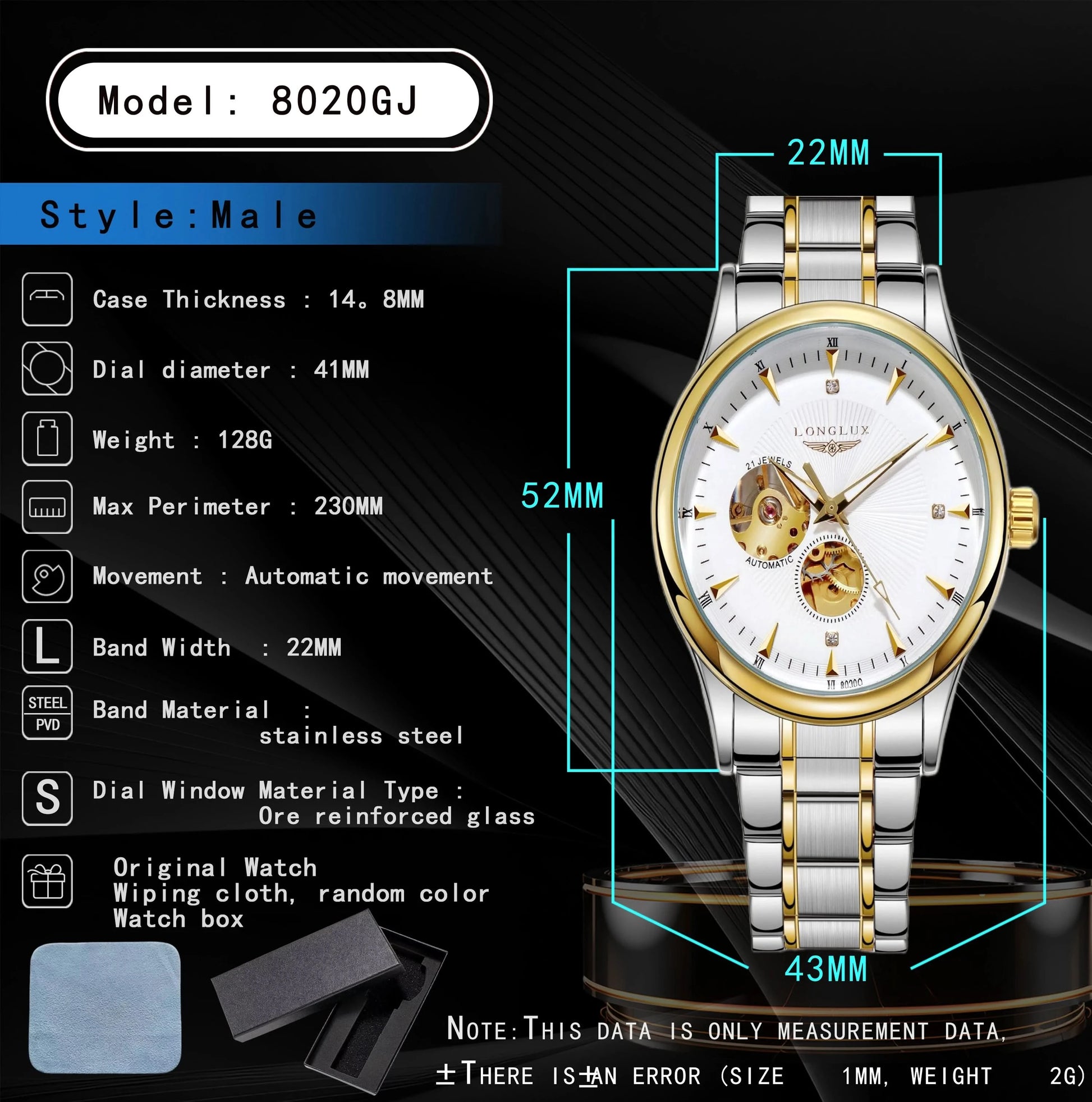 LONGLUX Men automatic mechanical watch elegant luxury watches waterproof skeleton business wholesale stainless steel gift watch - M & M Global