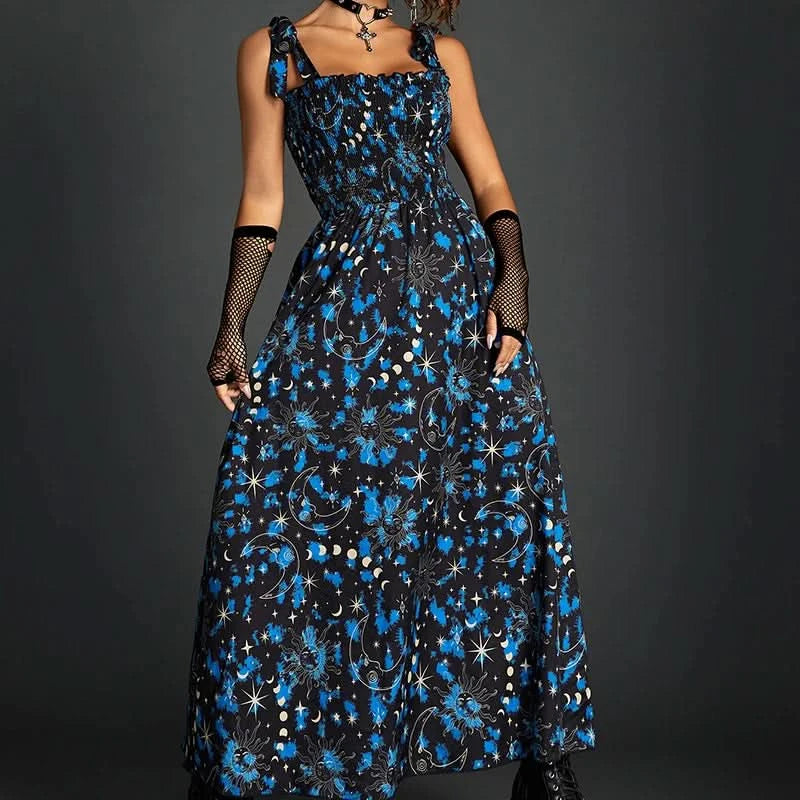 Goth Dark Fairy Grunge Y2k Aesthetic Skull Graphic Dresses Mall Gothic Shirring Lace Up Long Dress Punk A-line Slim Emo Clothing - M & M Global
