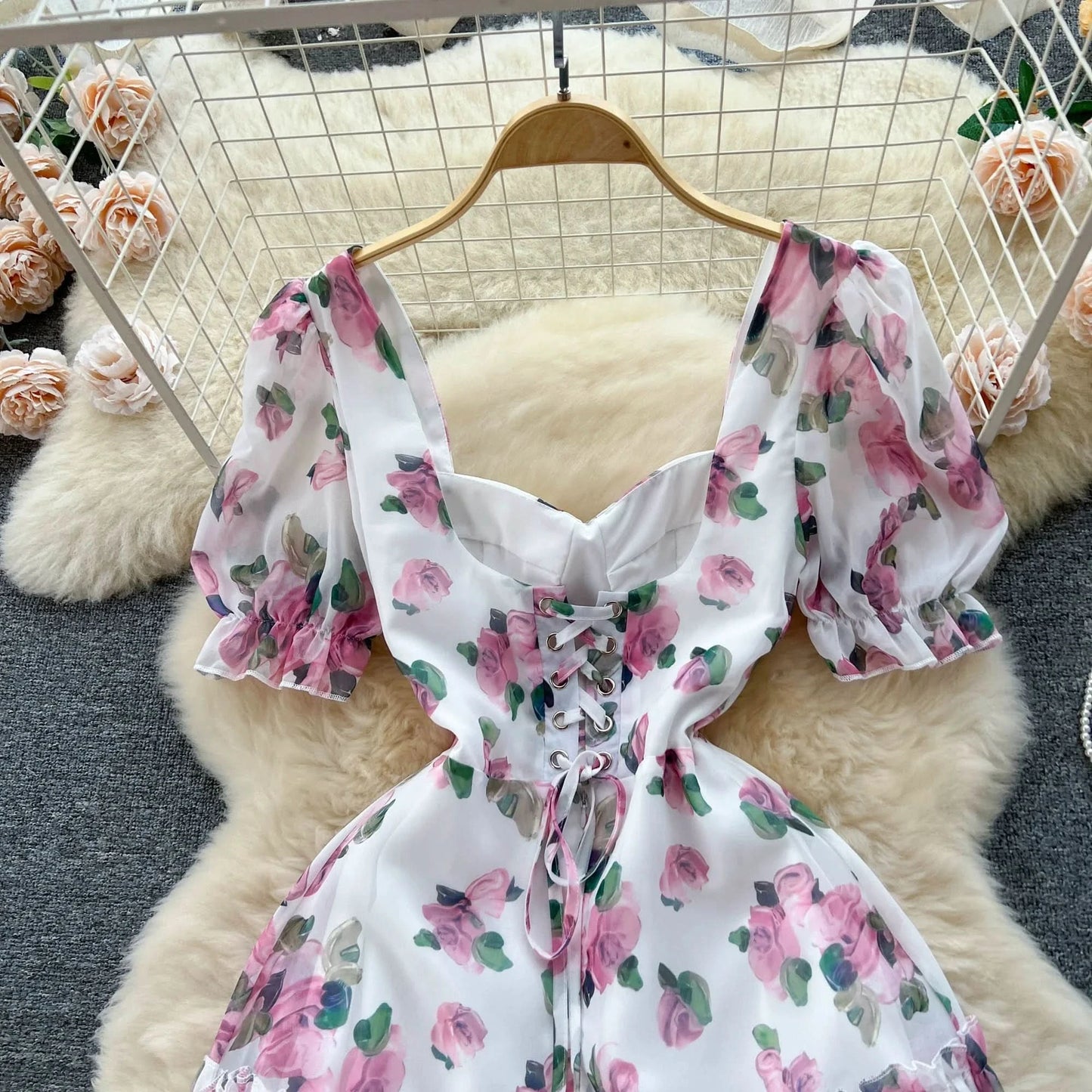 SINGREINY Beach Vacation Floral Print Dress Women Backless Lace Up Cross Bandage Ruched Korean Hotsweet Fashion Party Long Dress - M & M Global