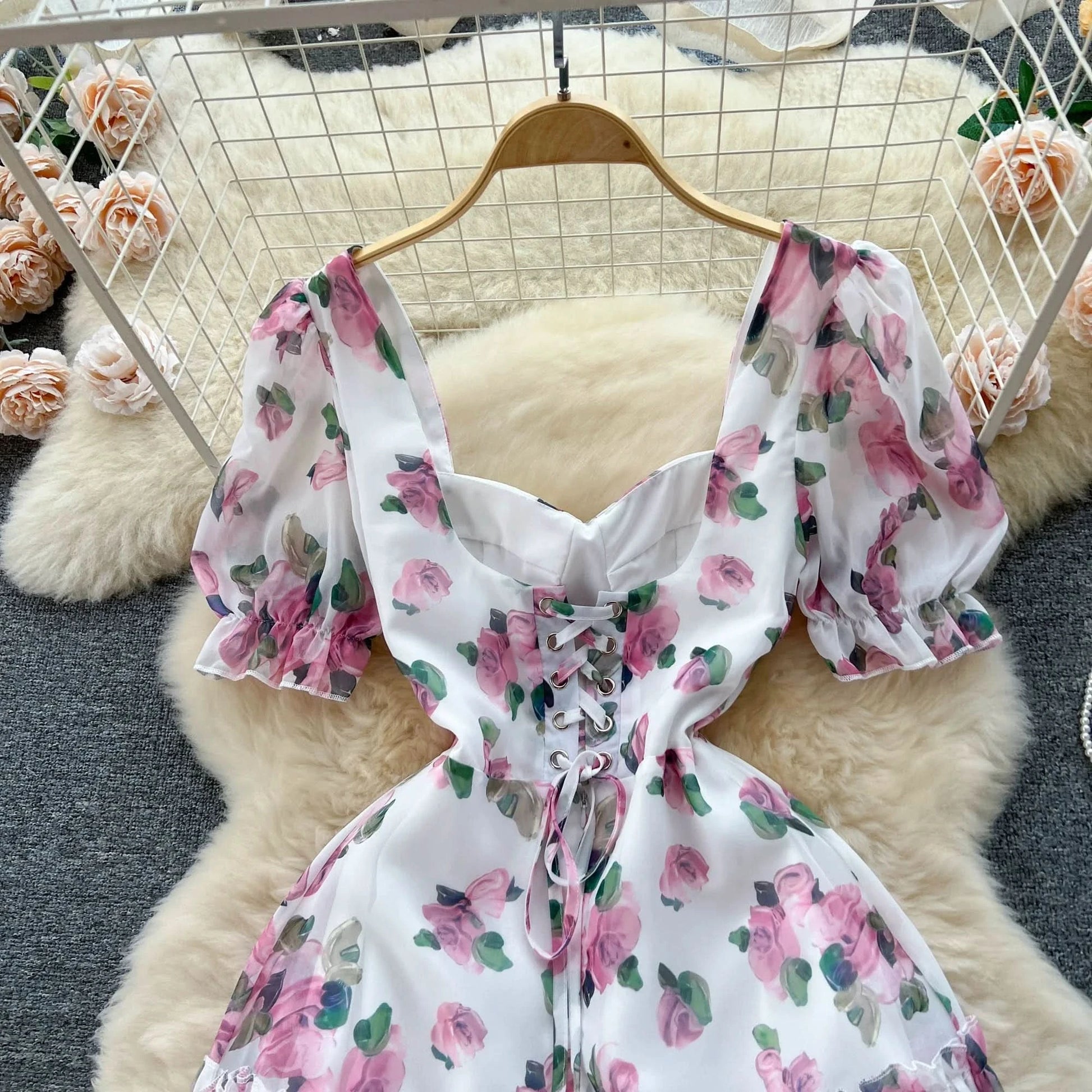 SINGREINY Beach Vacation Floral Print Dress Women Backless Lace Up Cross Bandage Ruched Korean Hotsweet Fashion Party Long Dress - M & M Global