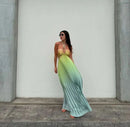 Women Chic Gradient Print Halter Neck Pleated Beach Long Dress Fashionable Long Dress Sexy Hollow Out Vacation Maxi Dress Outfit - M & M Global