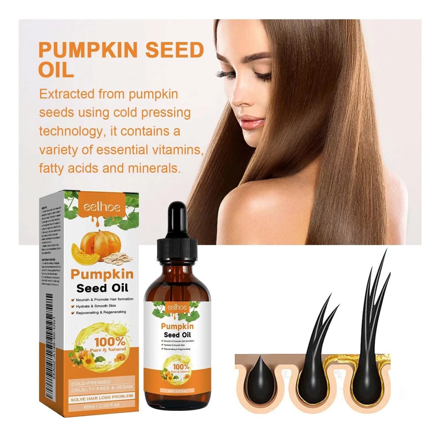 EELHOE 60ml Pumpkin Seed Oil Hair Care Essential Oil Moisturizing Smoothing Repairing Hair Roots Hair Oil For Women - M & M Global
