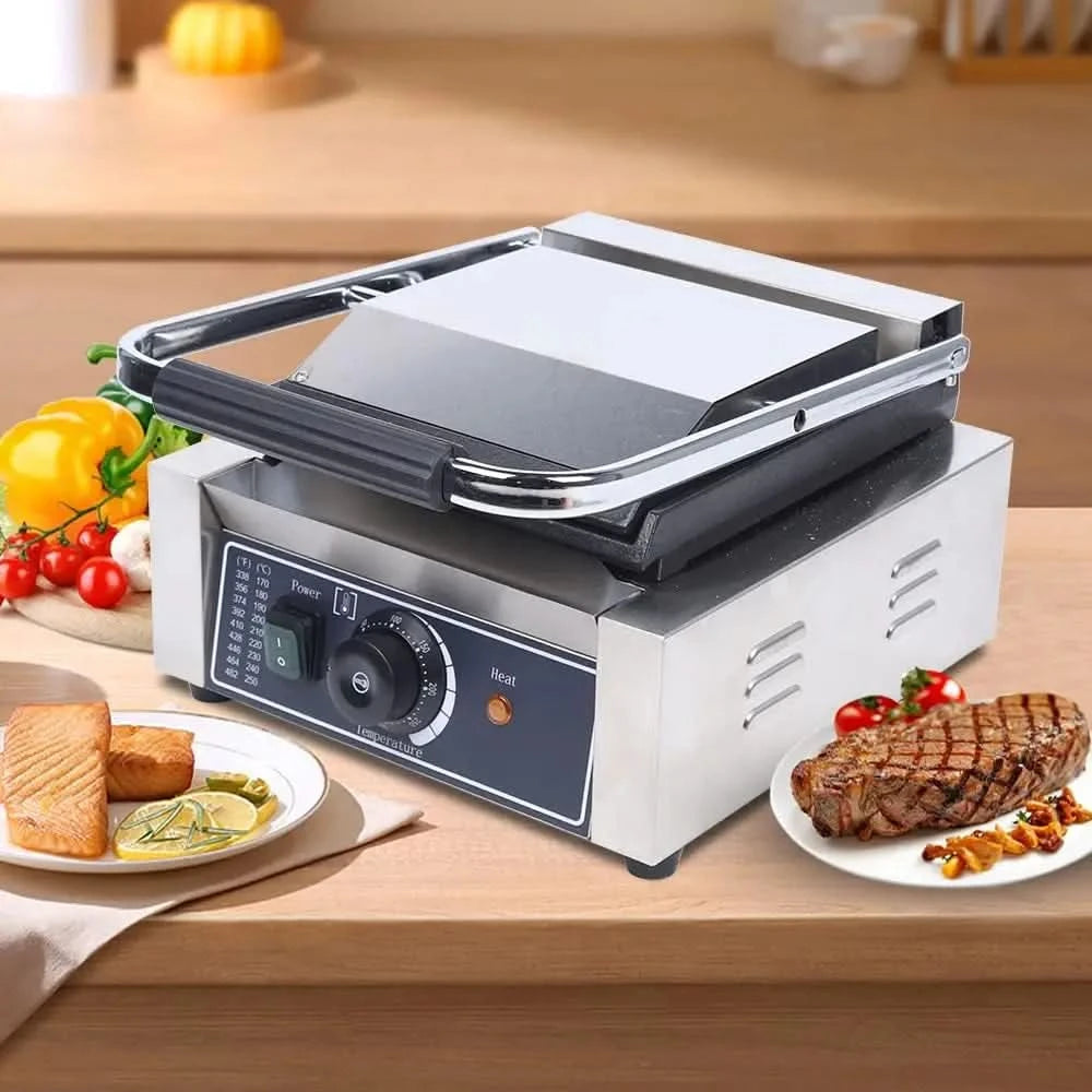 Commercial 1800W Panini Press Grill, Dual-Sided Electric Griddle Machine with Non-Stick Surfaces, Adjustable Temperature Control - M & M Global