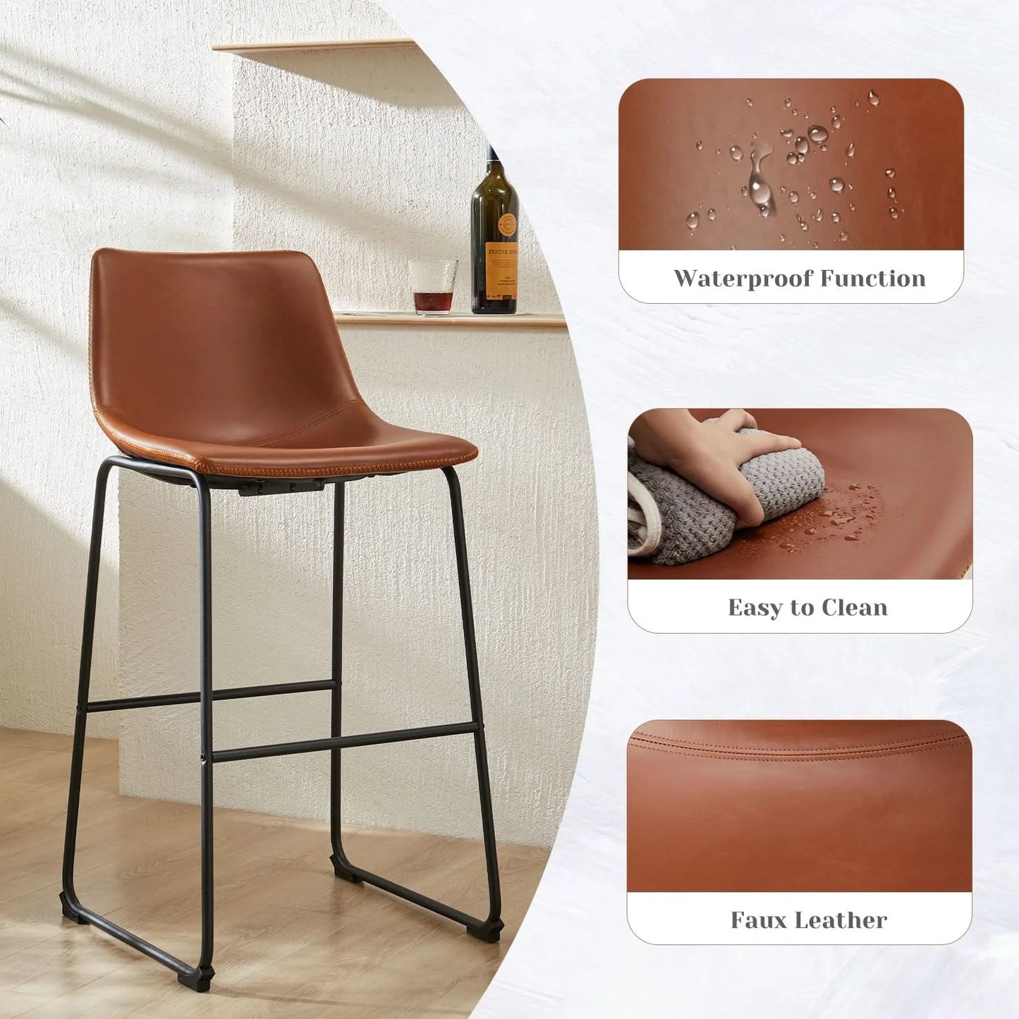 JHK Leather Modern Bar Bench 2-piece Set Armless Metal Leg Brown Bar Bench with Backrest Home Chair Living Room Furniture