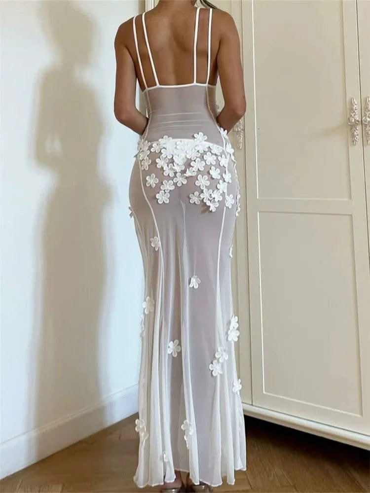 CHRONSTYLE Flowers Long Dress for Women Sexy Sleeveless Strap Dress High Split Backless Mesh See Through Vestidos Party Clubwear - M & M Global