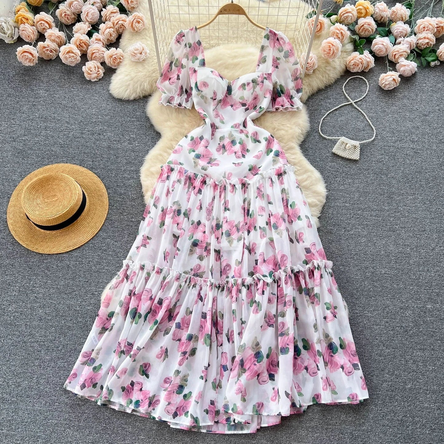 SINGREINY Beach Vacation Floral Print Dress Women Backless Lace Up Cross Bandage Ruched Korean Hotsweet Fashion Party Long Dress - M & M Global