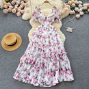 SINGREINY Beach Vacation Floral Print Dress Women Backless Lace Up Cross Bandage Ruched Korean Hotsweet Fashion Party Long Dress - M & M Global