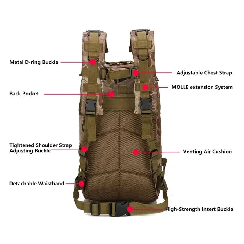 Men's Classic Tactical Backpack Travel Sports Camouflage Bag Outdoor Climbing Hunting Backpack Fishing Hiking Nylon 3P Pack Bag - M & M Global
