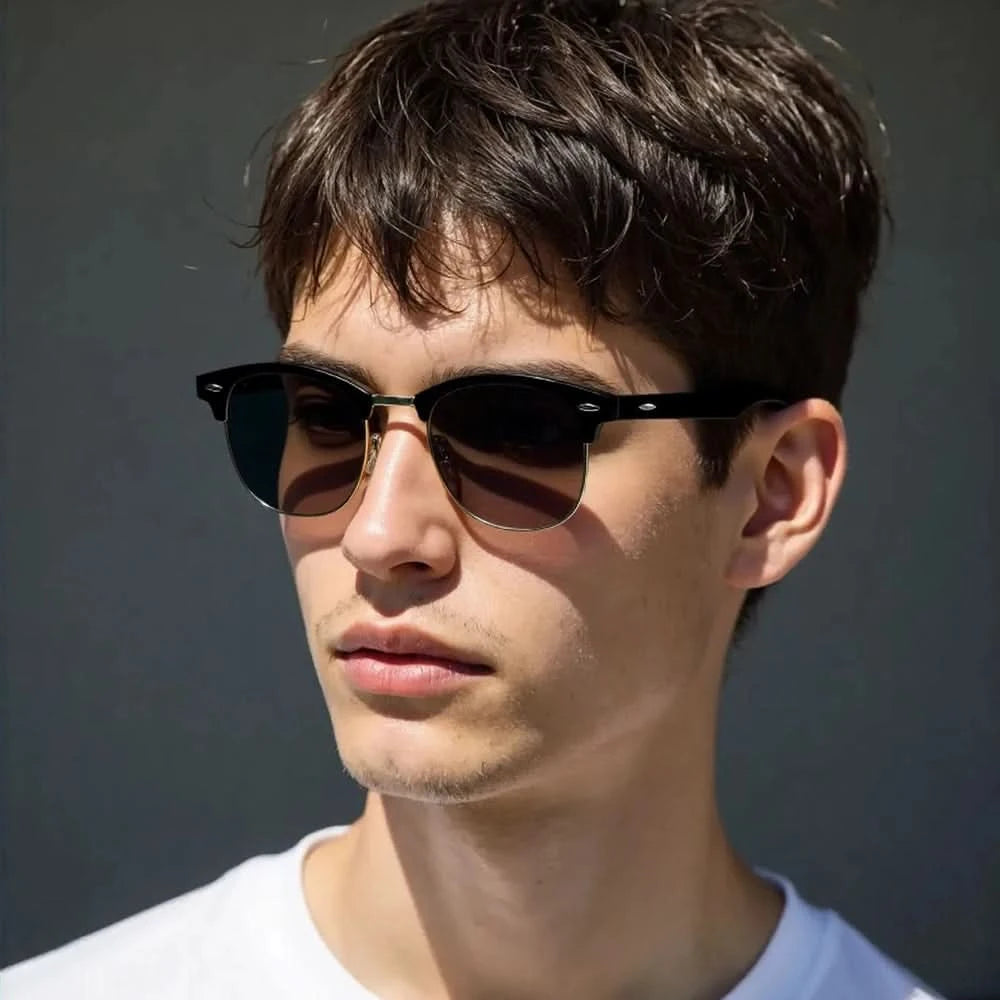 Classic Half Frame Polarized Sunglasses Men Women Retro Rivet Small Sun Glasses Male Popular Black Anti Glare Travelling Shades - M & M Global