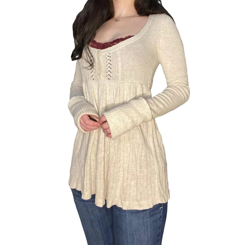 2000s Vintage Long Sleeve Babydoll Knitted Sweater Tops Cottage Milkmaid Pullovers Aesthetic Grunge Y2k Knitwear T-shirts Women