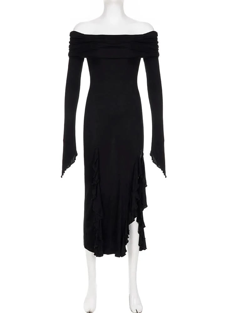 IAMSURE Elegant Fashion Dark Ruffles Split Long Dress Gothic Slash Neck Long Sleeve Maxi Dresses For Women 2023 Holiday Beach - M & M Global
