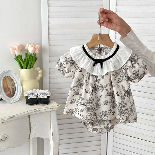 2PCS Summer Floral Baby Girl Suit New Autumn Fashion Lace Bow Baby Girls' Set Peter Pan Collar Shirt and Shorts Princess Outfits - M & M Global