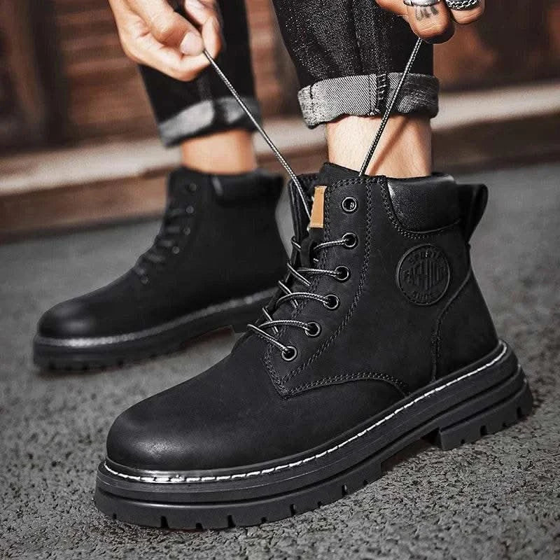 Boots Men High Top Boots High Quality Women Leather Shoes Fashion Outdoor Sneakers Men Lace Up Non-Slip Ankle Boots for Couple - M & M Global