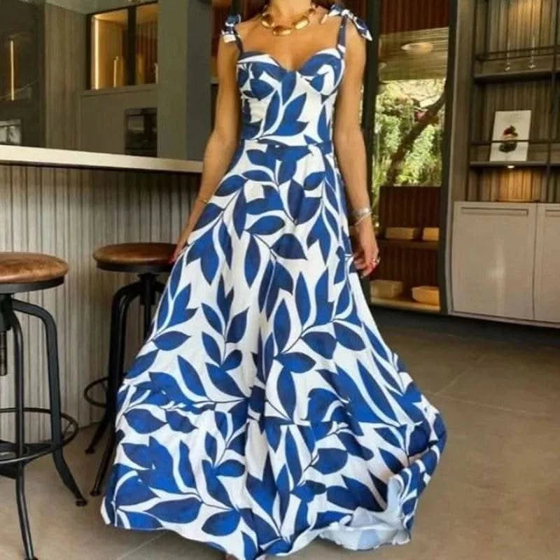 BAMBOOBOY Summer Print Long Dress Women Clothing Lace Up Party Dresses Pattern Spaghetti Strap Ladies V-Neck Beach Sundress - M & M Global