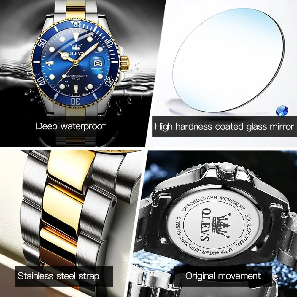 OLEVS Watches for Men with Date Luxury Big Face Waterproof Mens Wristwatch Analog Dress Two Tone Stainless Steel Man Watch - M & M Global